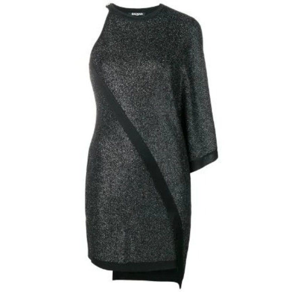 NWT $2750 Balmain Asymmetric One Shoulder Metallic-Knit Argent Noir Dress Sz 36